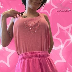Vintage Y2k Hot Pink Heart Rinestone Tank Top